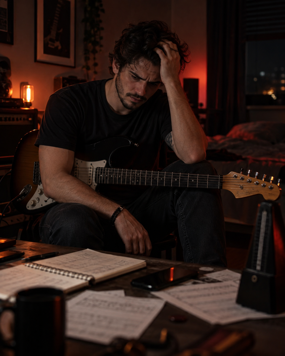 Guitarrista frustrado diante de exercícios e estudos sem direção